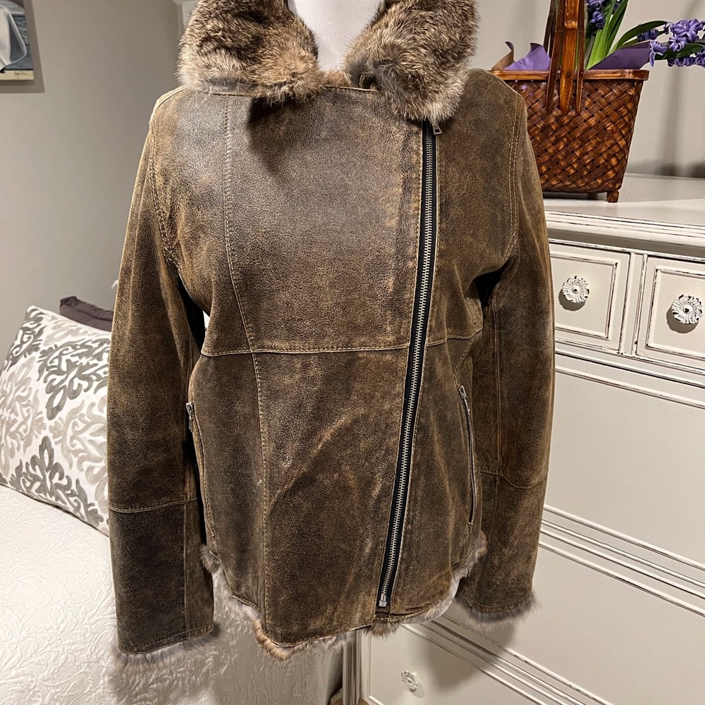 Andrew Marc Brown Distressed Leather Bomber Jacket With Rabbit Fur Lining